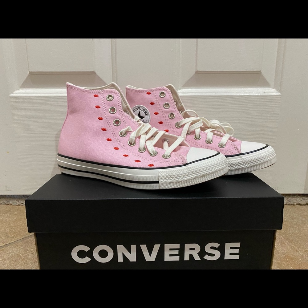 Limited edition pink Valentine’s Day converse with red embroidered hearts